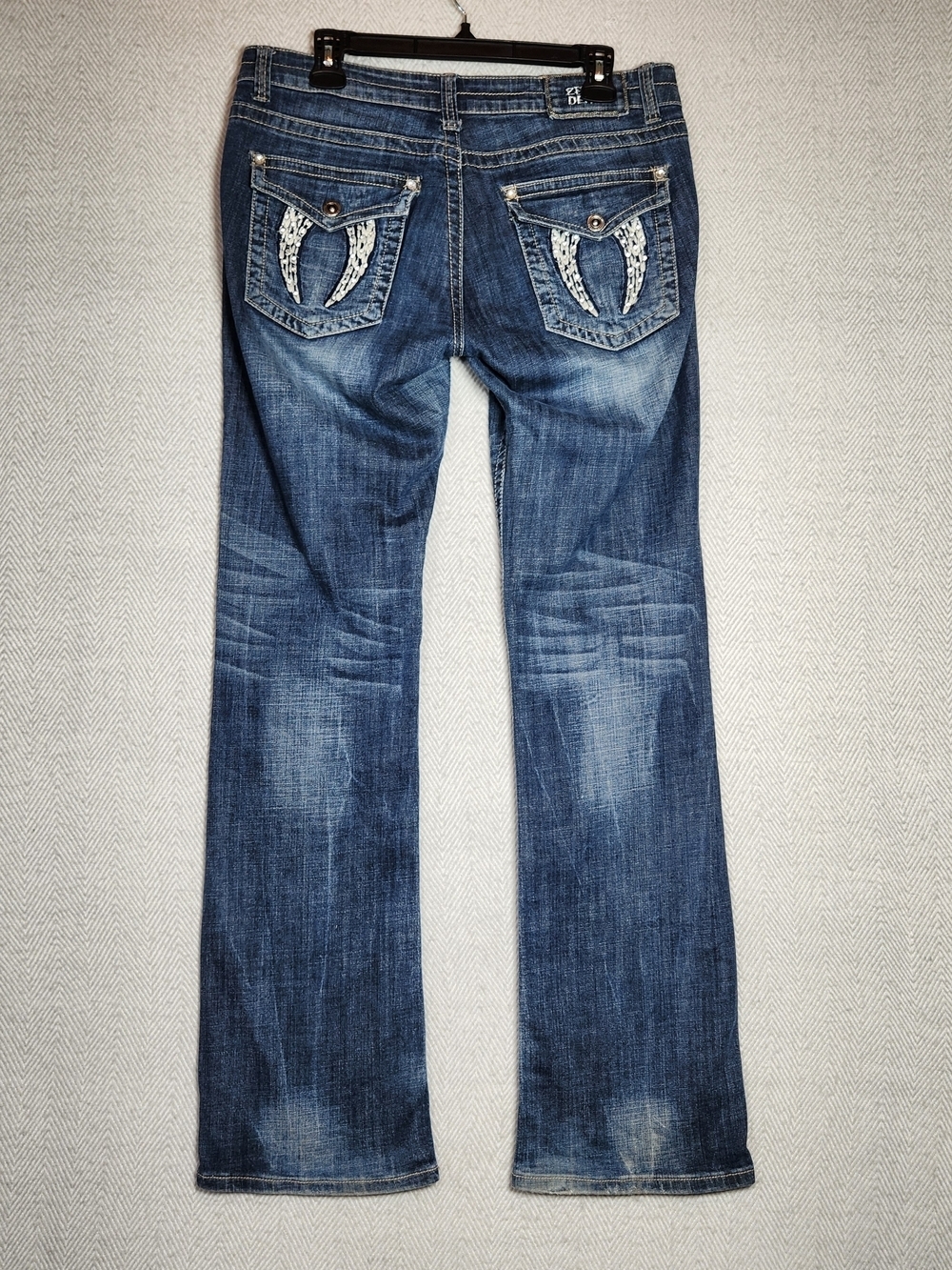 Zenim  Blue Boot Cut Distrressed Jeans Embroidered Beaded Pockets Womens 10